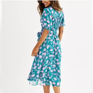 DRAPER JAMES RSVP Cottage Floral Puff Elbow SLV Ruffle Neck Wrap Midi Dress M